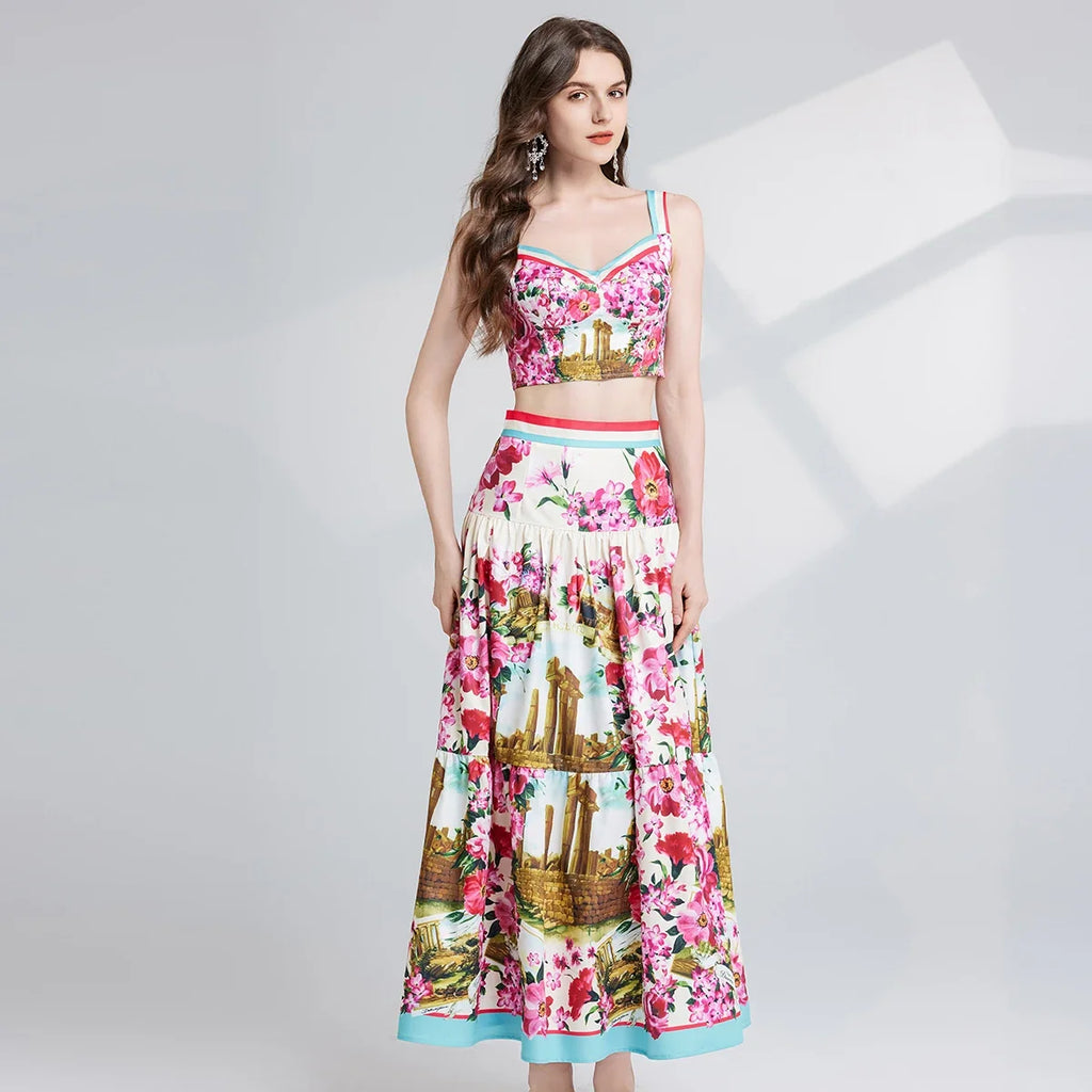 2025 Runway-Inspired Floral Print Two-Piece Set  -  Sleeveless Top & Skirt