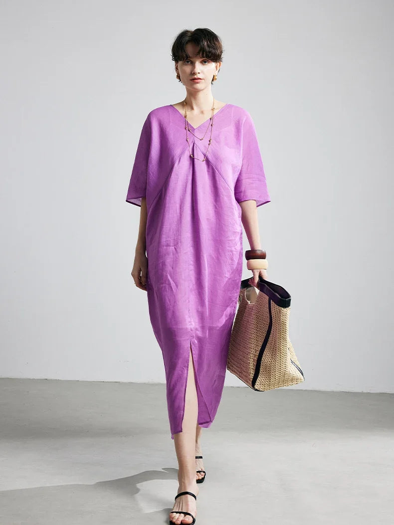 100% Ramie Maxi Dress – Women's V-Neck Solid Long Dress in Rose Purple
