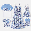 Family Matching Outfits Naia Blue Floral Tee Button Ruffle Hem Strap Dress