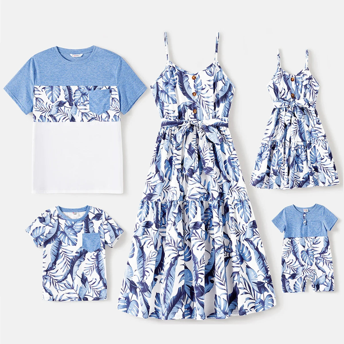 Family Matching Outfits Naia Blue Floral Tee Button Ruffle Hem Strap Dress
