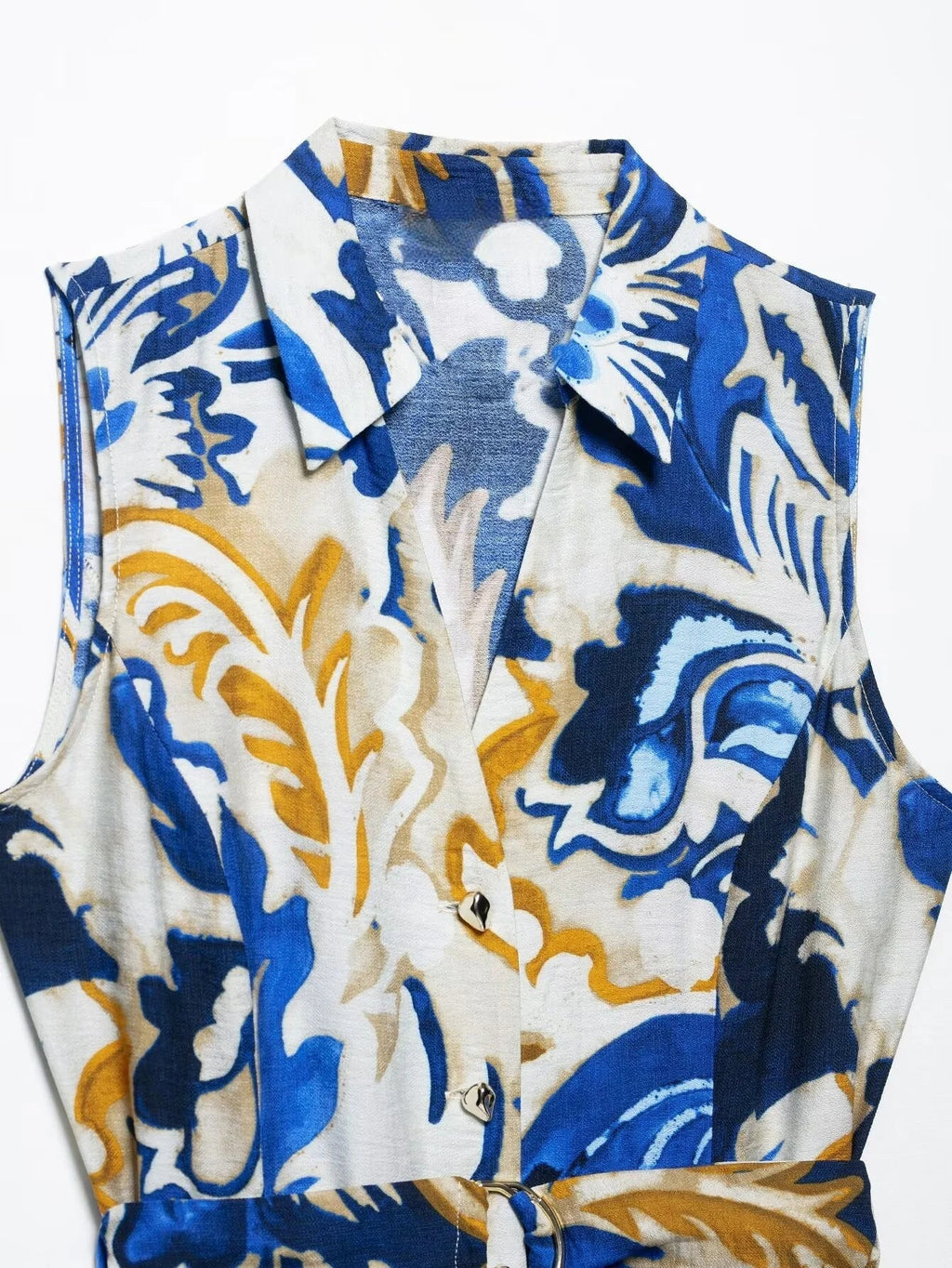 2025 Sleeveless Collared Maxi Dress  -  Belted Waist & Bold Abstract Print