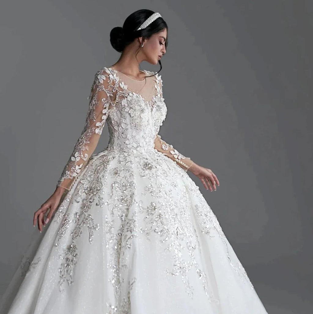 White Princess Ball Gown Wedding Dress – Long Sleeves, Sequined Beading & Royal Train, Custom Made