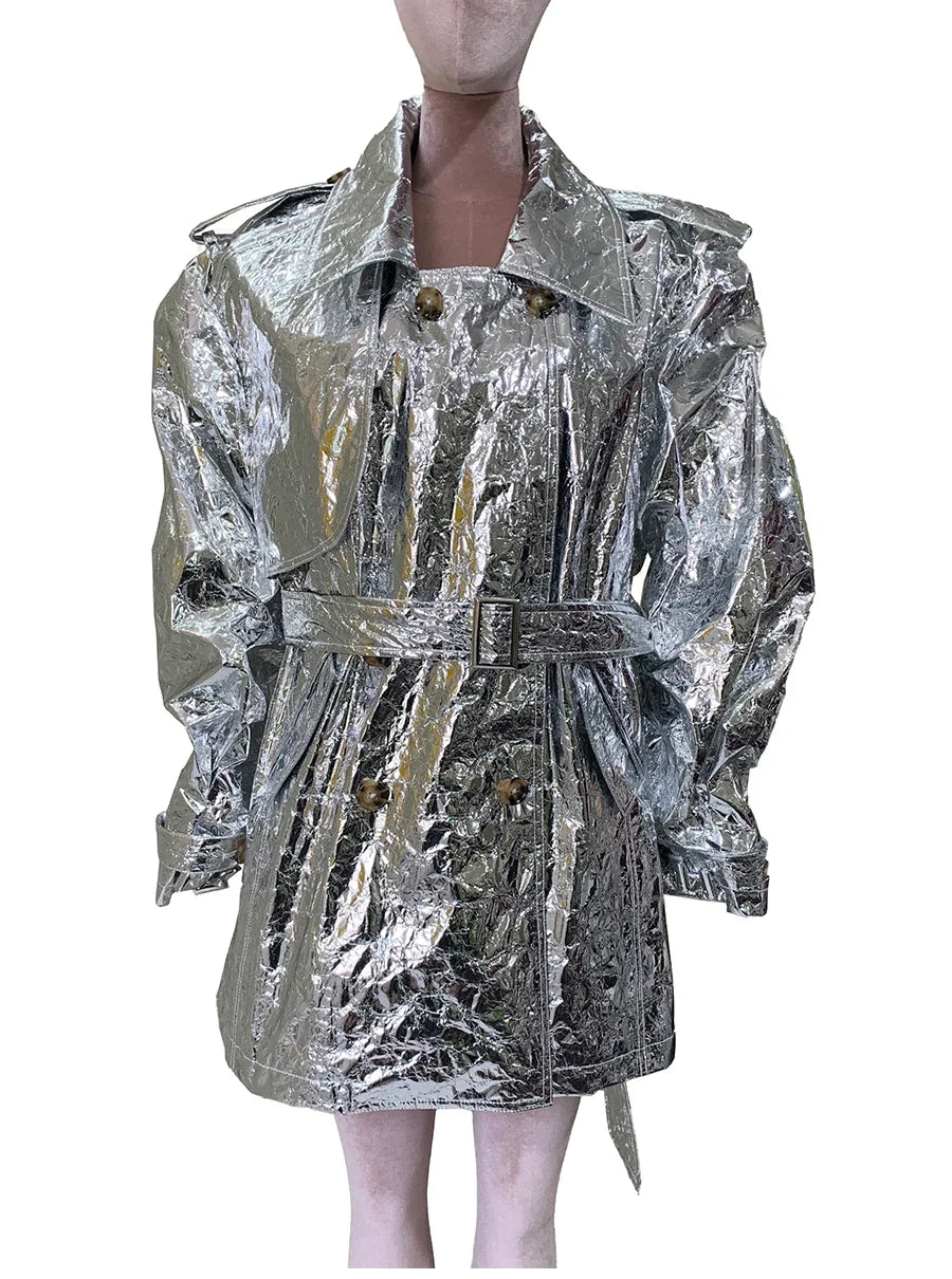 Autumn Oversized Shiny Silver Trench Coat for Women Belt Double Breasted European Fashion Emo Clothes Y2K Streetwear