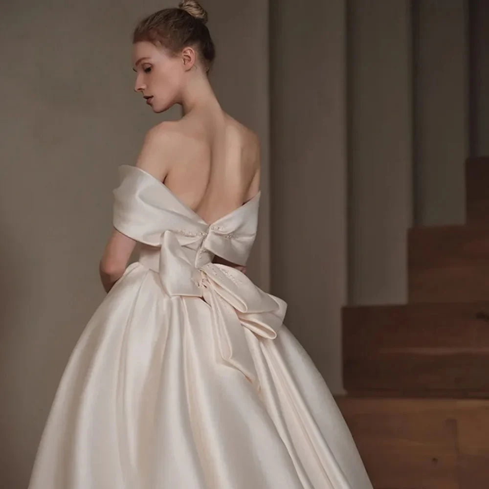 Off-the-Shoulder Satin Mermaid Wedding Dress – Sweetheart Neckline, Beaded Bow & Detachable Train, Custom Made