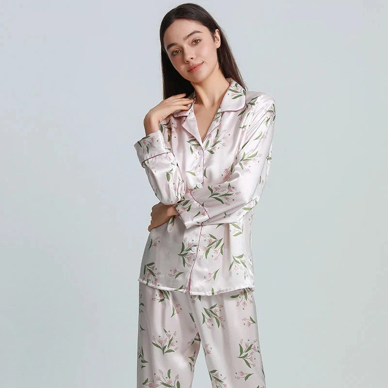 100% Real Silk Women's Pajama Set  |  Printed Long-Sleeve Summer Home Suit