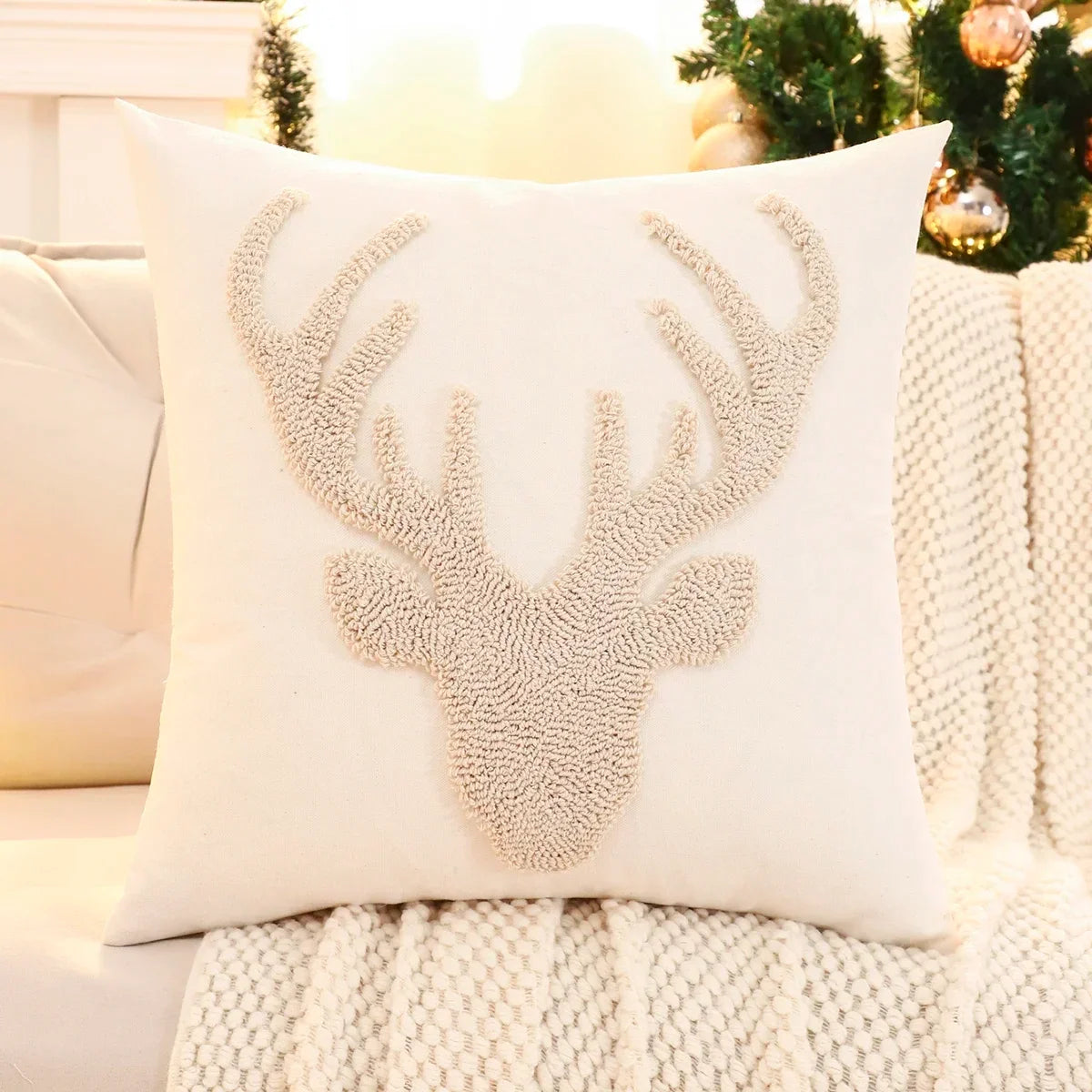 1 PC Christmas Decoration Throw Pillow Cover Embroidery Canvas Tufted Christmas Deer