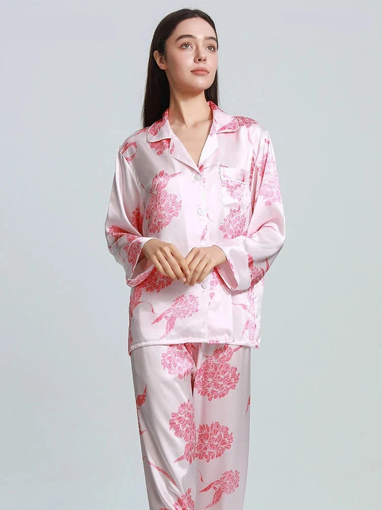 100% Real Silk Women's Pajama Set  |  Printed Long-Sleeve Summer Home Suit