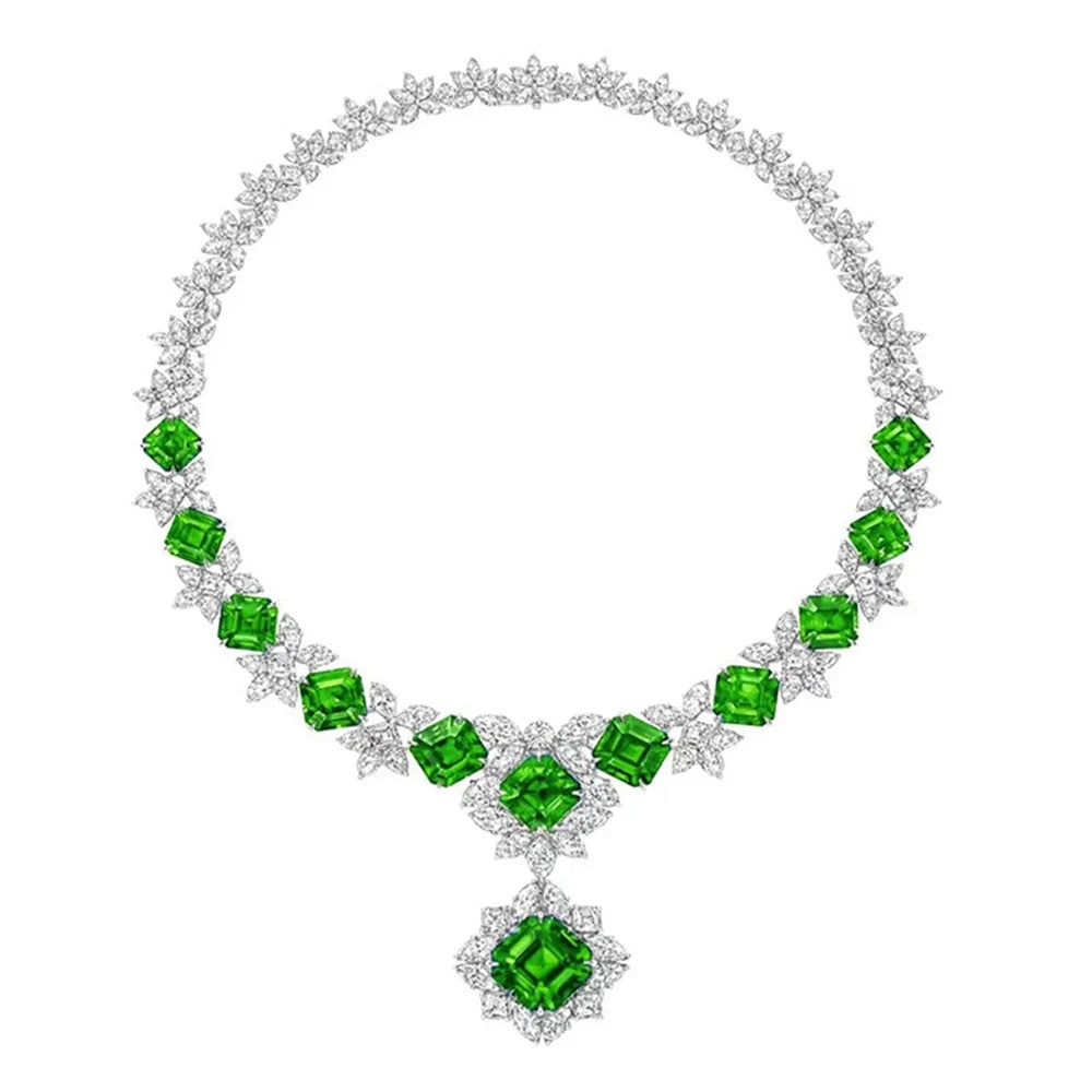 Designer 925 Sterling Silver Asscher-Cut 12MM Sapphire, Ruby, Emerald, and High-Carbon Diamond Gemstone Pendant Necklace Fine Jewelry