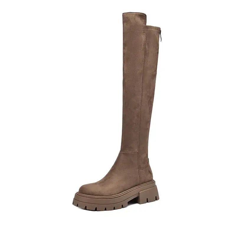 Flock Round Toe Stretch Over-the-Knee Boots with Medium Heels – Elegant, Modern, and Warm Slip-On Style for Leisure and Everyday Chic