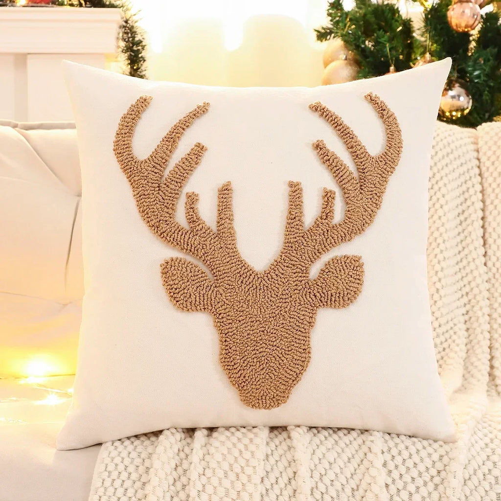 1 PC Christmas Decoration Throw Pillow Cover Embroidery Canvas Tufted Christmas Deer
