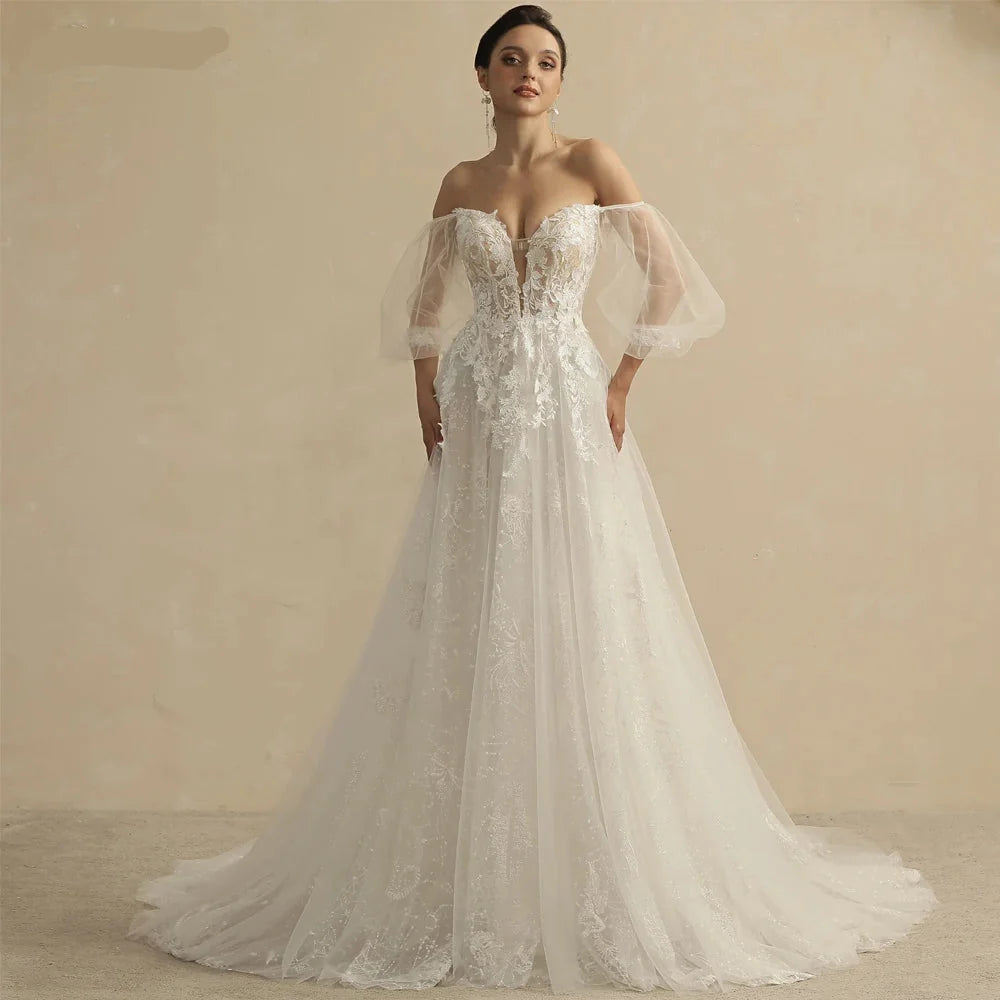 Glitter A-Line Wedding Dress – Puff Sleeves, Sweetheart Neckline & Lace Bridal Gown, Custom Made