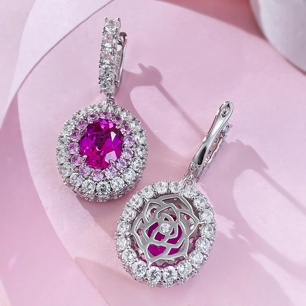 100% 925 Sterling Silver  8-M Oval Lab Sapphire Drop Earrings High Carbon Diamond Accents | Sparkling Fine Jewelry for Women