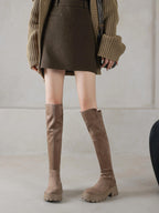 Flock Round Toe Stretch Over-the-Knee Boots with Medium Heels – Elegant, Modern, and Warm Slip-On Style for Leisure and Everyday Chic