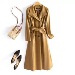 Elegant Women'sSheepskin Leather Trench Coat  –  Double Breasted Slim Long Coat with Stand Collar & Lace-Up Detail