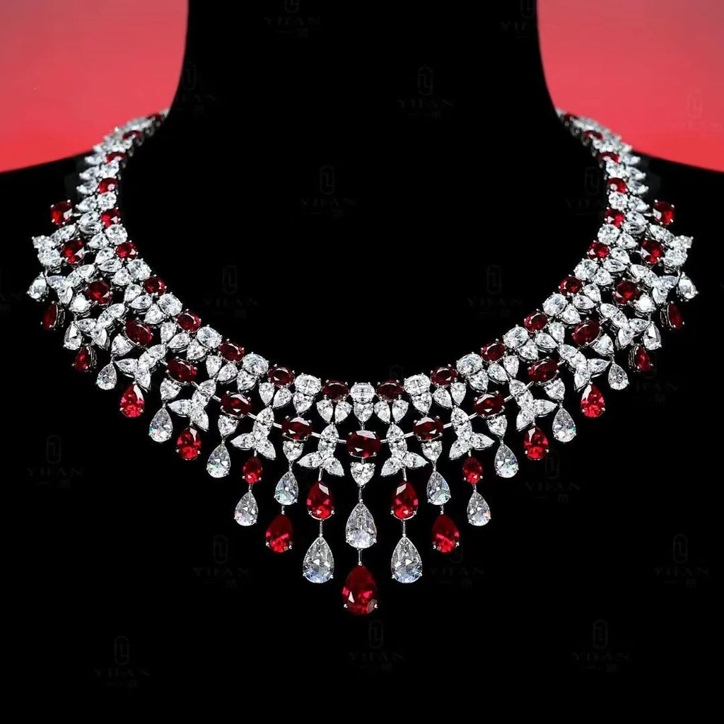 925 Sterling Silver Luxury Elegant Waterdrop Synthetic Ruby and Diamond Gemstone Necklace Wedding & Party Jewelry for Women