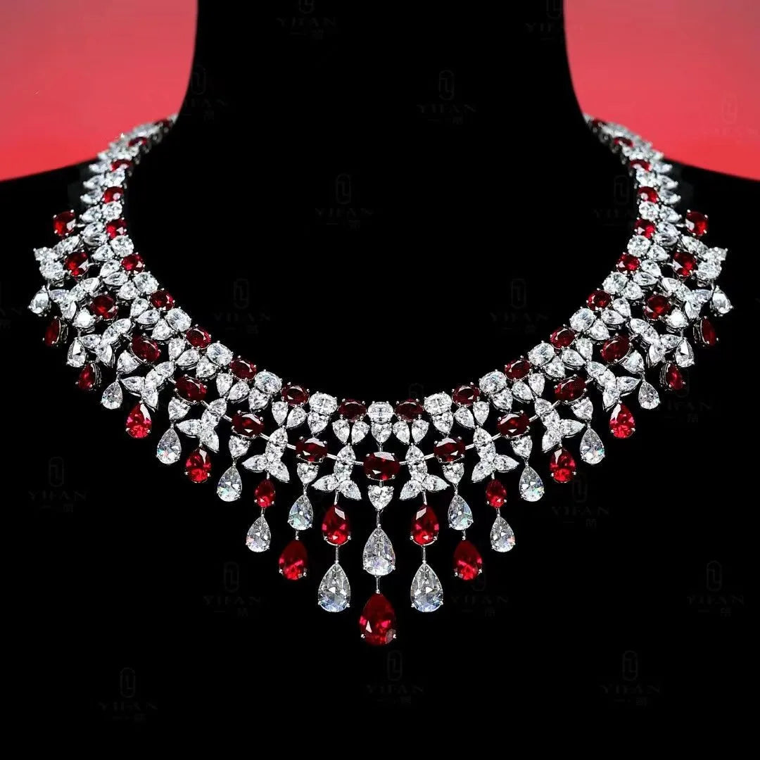 925 Sterling Silver Luxury Elegant Waterdrop Synthetic Ruby and Diamond Gemstone Necklace Wedding & Party Jewelry for Women