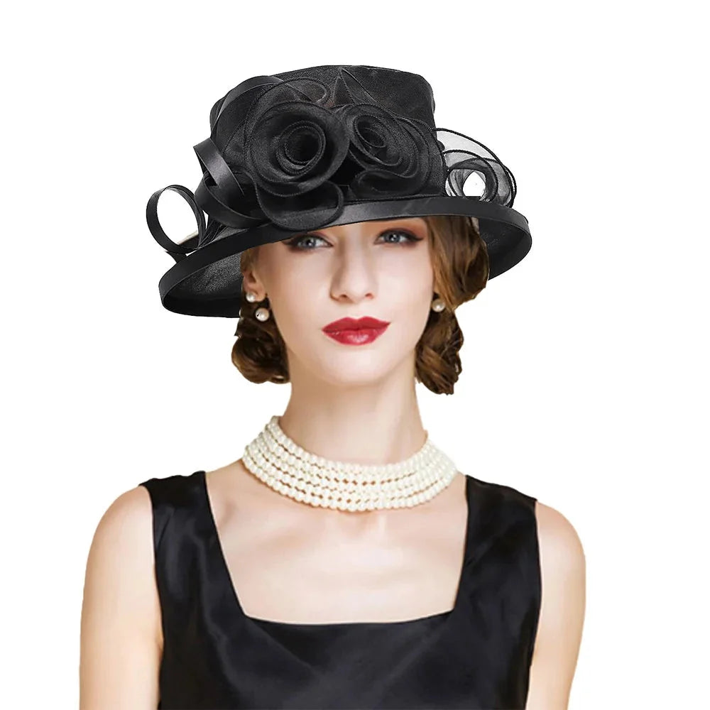 Elegant Flat Top Sun Visor Hats For Women Flower Elegant Wedding Bridal Tea Party Millinery UV Protection Derby Cap Female Hat