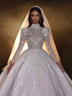 Modest High-Neck Wedding Dress – Long Sleeves with Sparkling Sequins & Beads, Custom Made