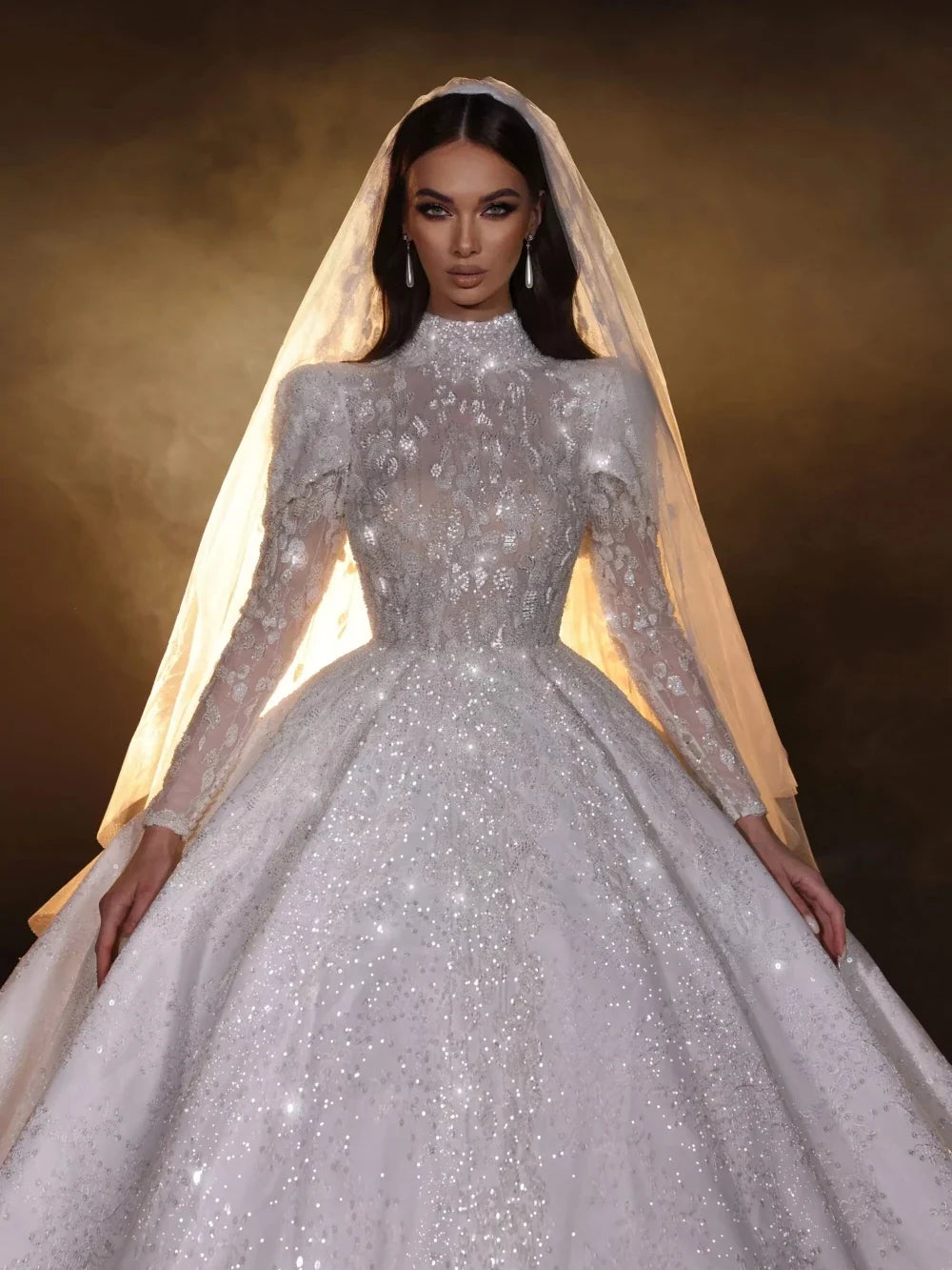 Modest High-Neck Wedding Dress – Long Sleeves with Sparkling Sequins & Beads, Custom Made
