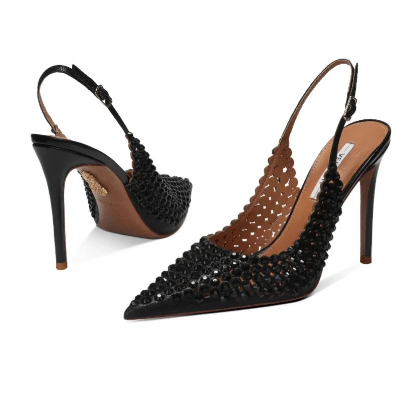 Diamond high heels for women in2025with a single button back strap,sexy wedding shoes for brides,slim heels,pointed toe sandals