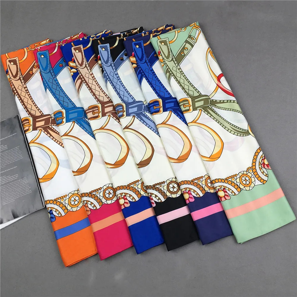 130*130cm 100% Twill Silk Scarf Women Luxury Chain Print Beach Shawl Square Bandana Kerchief Femme Fourlard Echarpes Stoles
