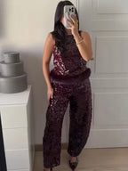 Chic Elegant Sequin Pants 2 Pieces Sets For Women Sequin Fur Vest Top Women's Suit 2026 New Year Party Woman Outfits ﻿