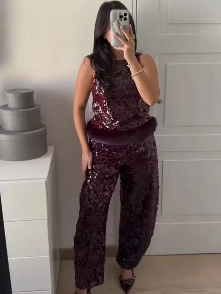 Chic Elegant Sequin Pants 2 Pieces Sets For Women Sequin Fur Vest Top Women's Suit 2026 New Year Party Woman Outfits ﻿