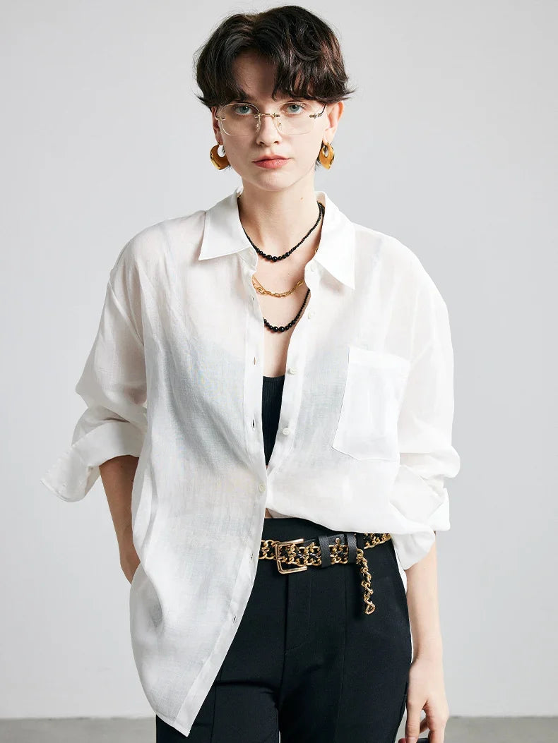 100% Ramie Solid Blouse  -  Women's Loose-Fit Shirt with Turn-Down Collar & Chest Pocket