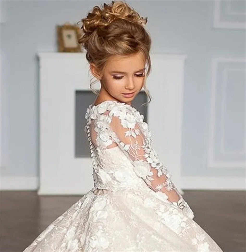Flower Girl Dress White Tulle Lace Applique Elegant Wedding Litter Flower Child Birthday Celebration Eucharist Party Dress