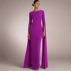 Dark Magenta Prom Dress  -  Jersey Rhinestone Bespoke Gown, Column Scoop Neck, Floor-Length