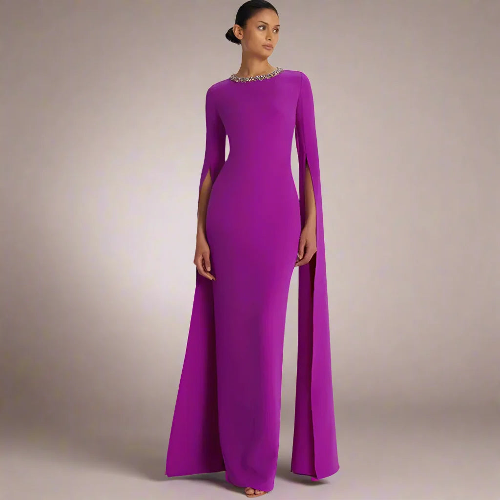 Dark Magenta Prom Dress  -  Jersey Rhinestone Bespoke Gown, Column Scoop Neck, Floor-Length