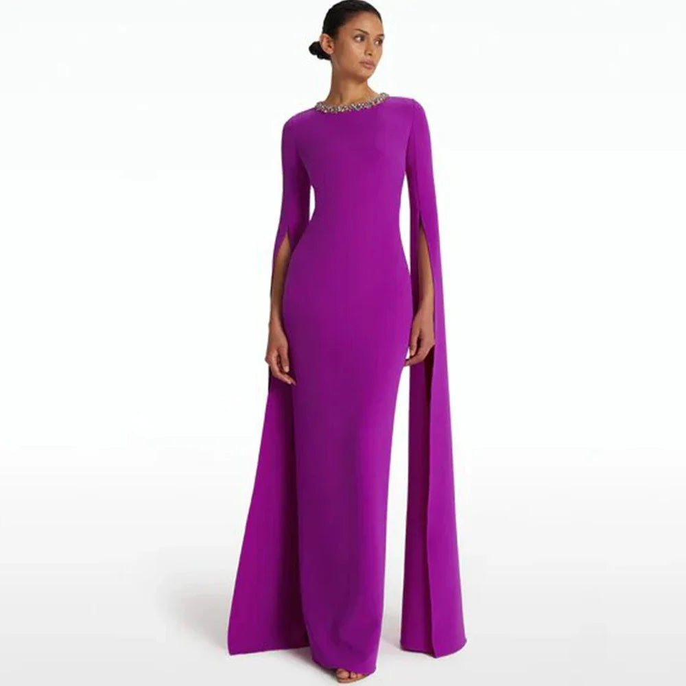 Dark Magenta Prom Dress  -  Jersey Rhinestone Bespoke Gown, Column Scoop Neck, Floor-Length