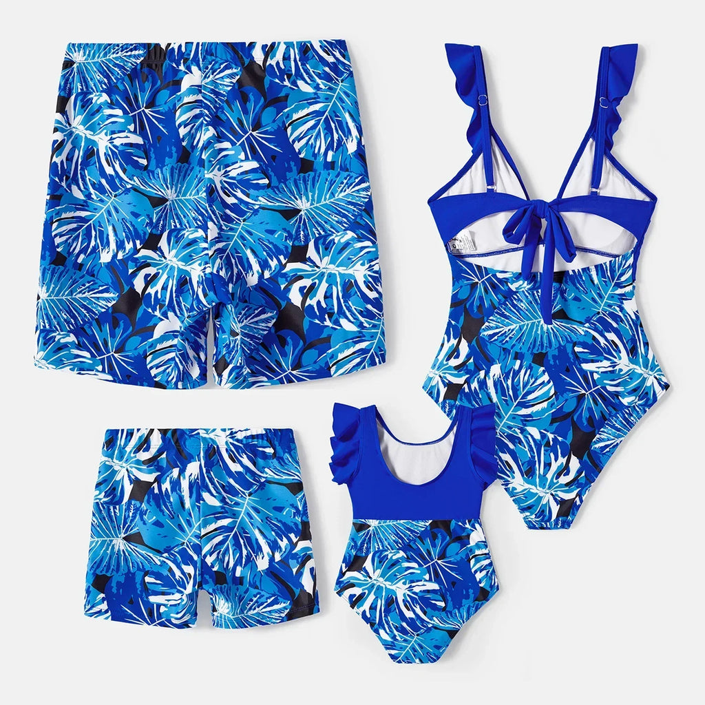 Family Matching Swimsuits Plant Print Swim Trunks and Blue Ruffle Trim Spliced One-piece Swimsuit