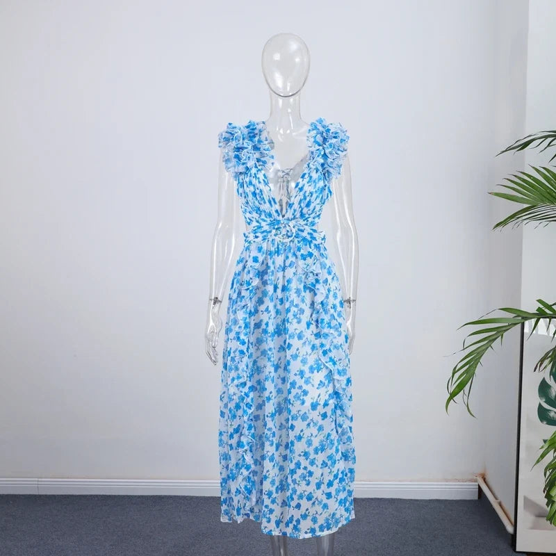 2025 New Women's Print Ruffle Hollow-Out Maxi Dress  -  Backless, Sleeveless, Lace-Up High Waist Split Beach Dress