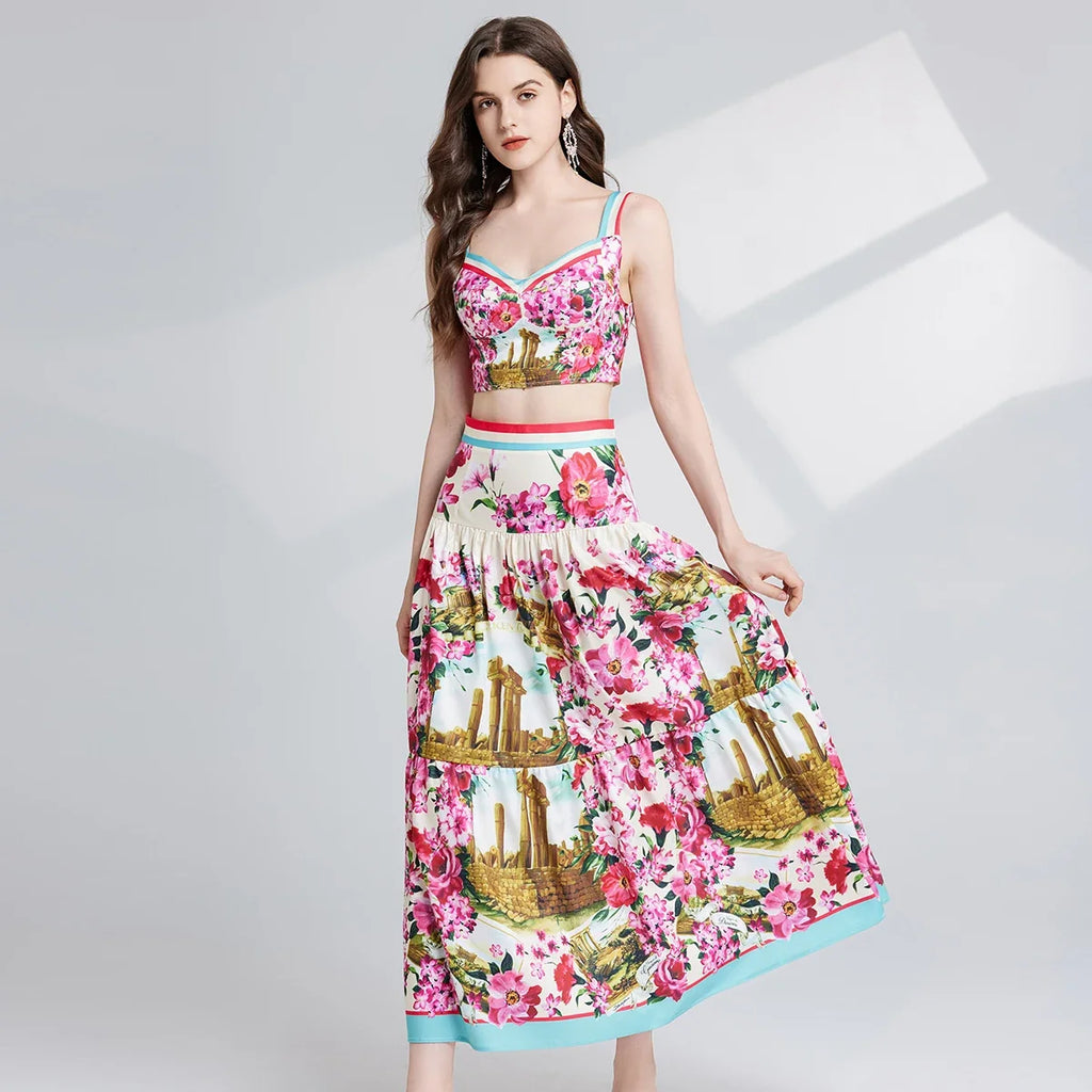 2025 Runway-Inspired Floral Print Two-Piece Set  -  Sleeveless Top & Skirt