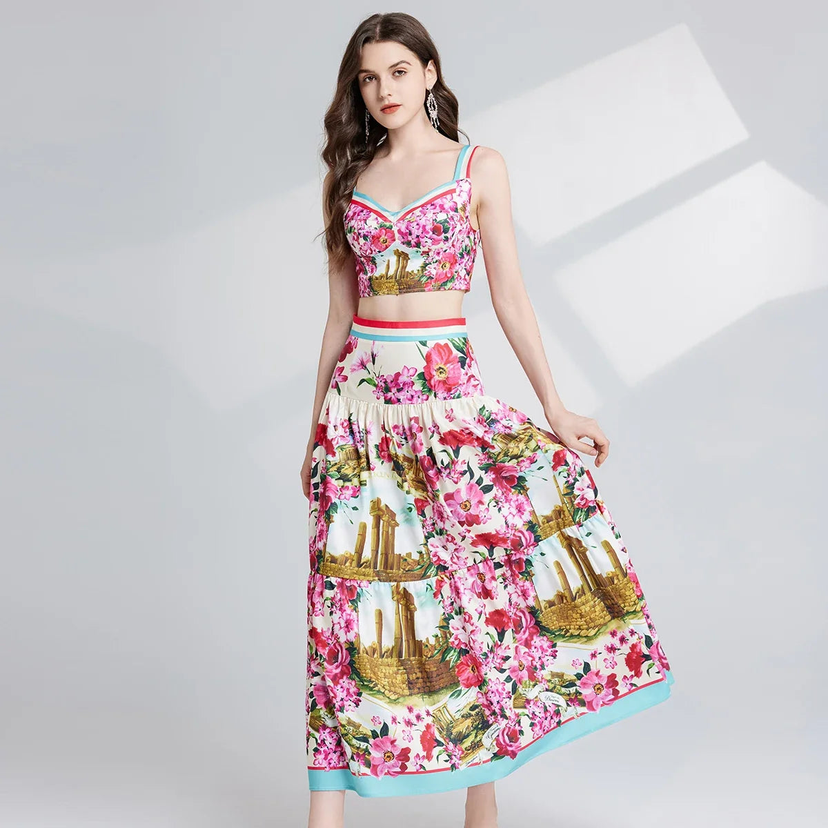 2025 Runway-Inspired Floral Print Two-Piece Set  -  Sleeveless Top & Skirt