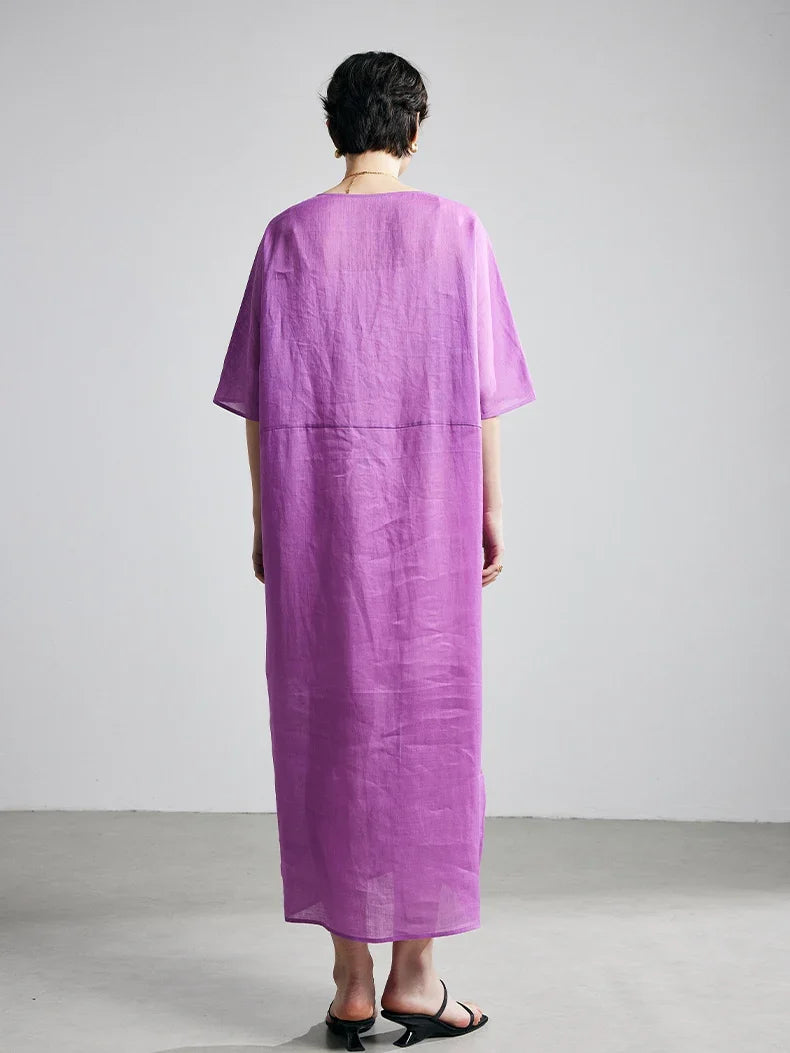 100% Ramie Maxi Dress – Women's V-Neck Solid Long Dress in Rose Purple