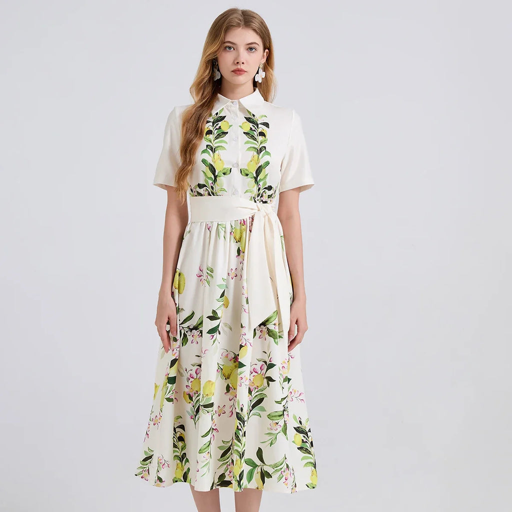 2025 Brand Designer Pear Tree Print Long Shirt Dress  -  Summer Holiday Midi Dress for Women