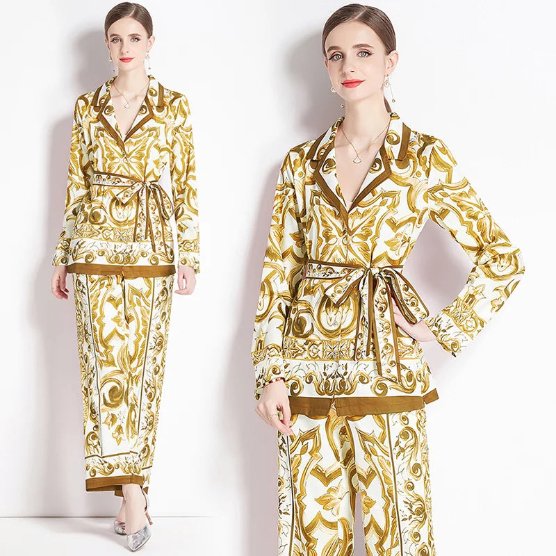 2025 Spring Yellow Floral Print Two-Piece Set – Long Sleeve Shirt with Waist-Cinching Slim Pants
