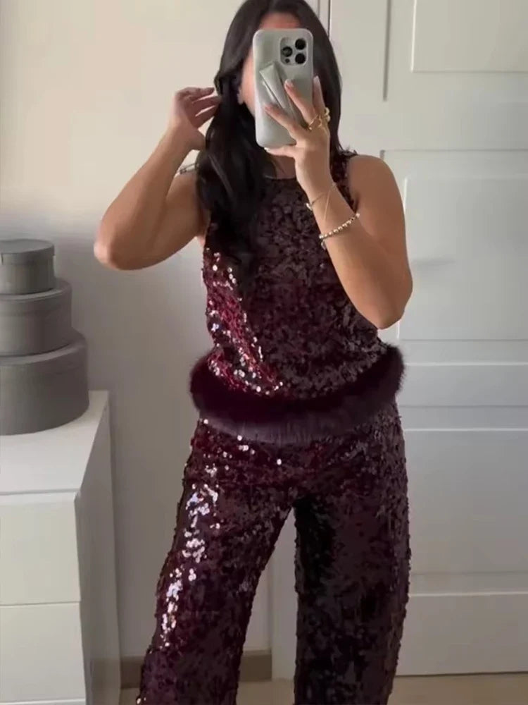 Chic Elegant Sequin Pants 2 Pieces Sets For Women Sequin Fur Vest Top Women's Suit 2026 New Year Party Woman Outfits ﻿