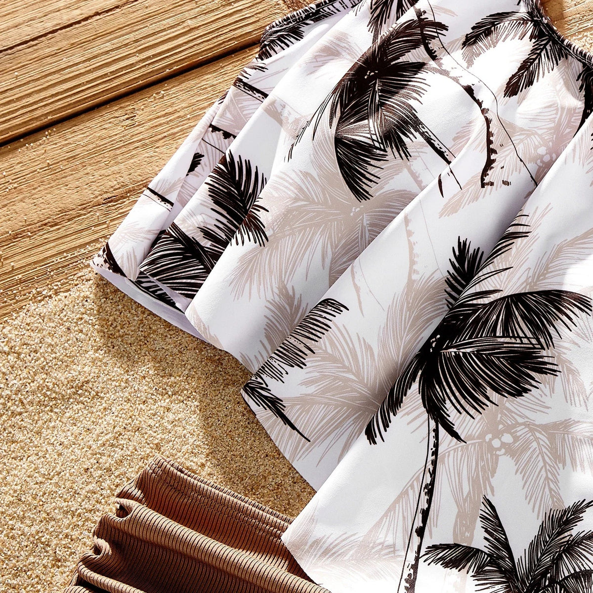 Family Matching Coconut Tree Print Swimwear  |  Ruched One-Piece Swimsuit & Swim Trunks Beach Set