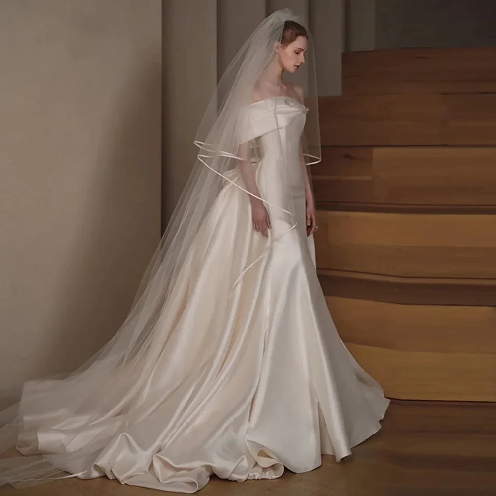 Off-the-Shoulder Satin Mermaid Wedding Dress – Sweetheart Neckline, Beaded Bow & Detachable Train, Custom Made