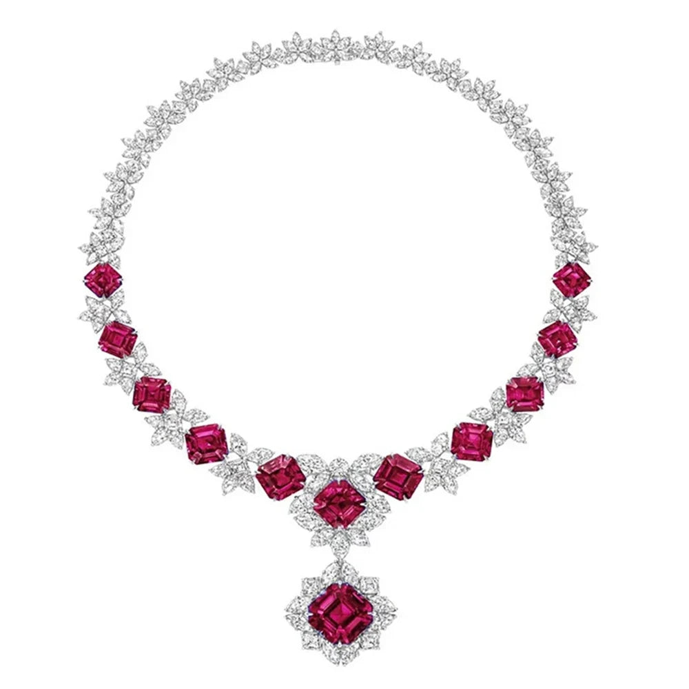 Designer 925 Sterling Silver Asscher-Cut 12MM Sapphire, Ruby, Emerald, and High-Carbon Diamond Gemstone Pendant Necklace Fine Jewelry