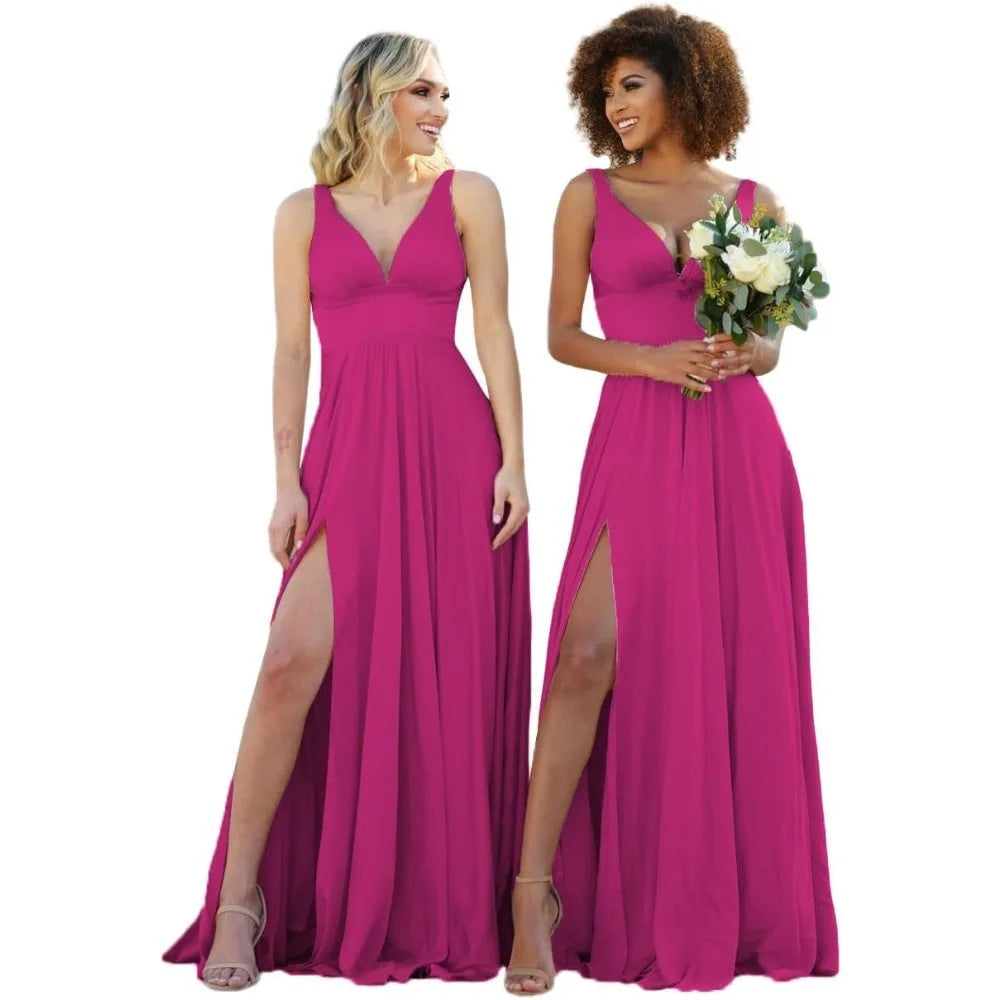 Champagne Gold Bridesmaid Dress – Elegant V-Neck Satin Chiffon Gown for Wedding, Prom & Formal Events