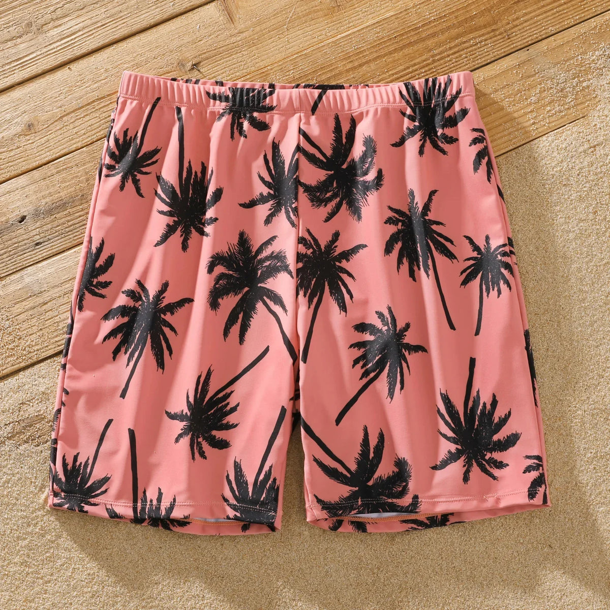 Family Matching Coconut Tree Print Swimwear – Pink Swim Trunks & Spaghetti Strap One-Piece Swimsuit