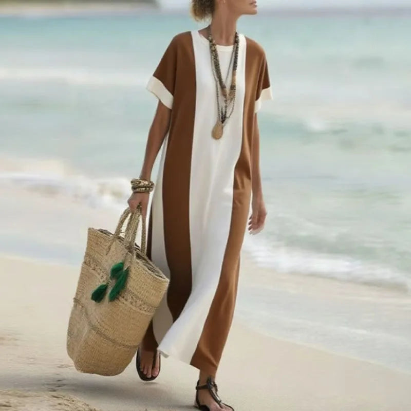 Elegant Patchwork Maxi Dress – Spring Summer Crew Neck Short Sleeve Boho Beach Dress with Side Split for Women