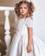 Customized Communion Ceremony Dress Boutique Girl Kid Cape Sleeve Satin with Detachable Skirt Ball Gown Formal Party