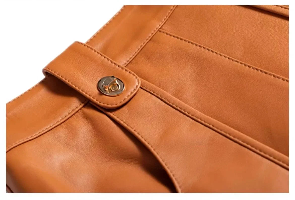 Fashion New Genuine Leather Office Lady for Women Sheepskin Elastic Waist Wrap Long Faldas Mujer Mid Length Front Slit Pocket