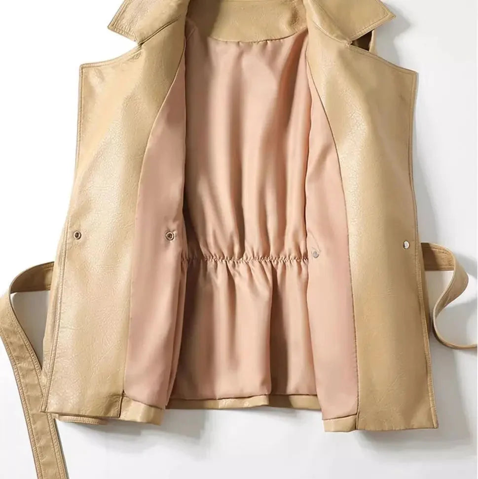 Fashionable Genuine Leather Jacket for Women Waist-Tied Loose Fit Black or Brown  |  Casual Luxury Outerwear