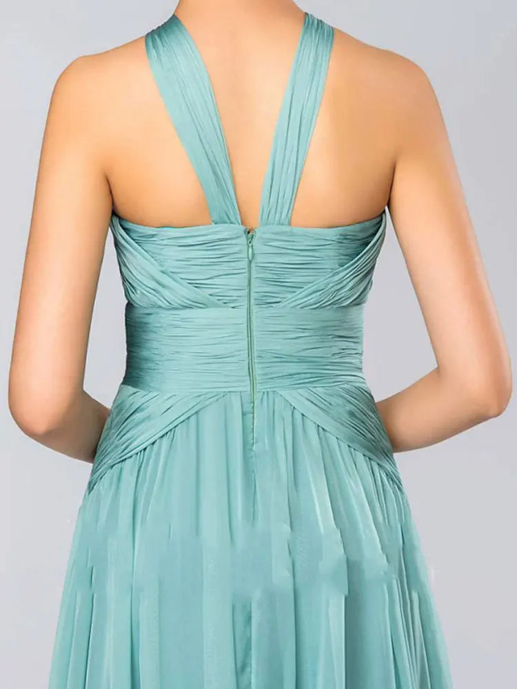 Halter Neck Champagne Bridesmaid Dress – Elegant Chiffon A-Line Floor-Length Gown with Built-in Bra (Customizable)